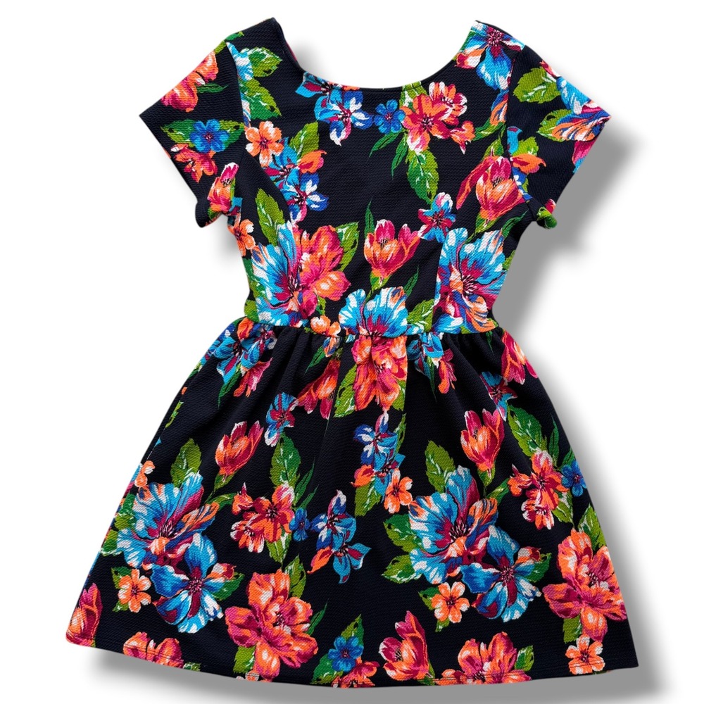 One Clothing Women's M Blue Multi Neon Floral V-Back Fit & Flare Mini Dress Boho